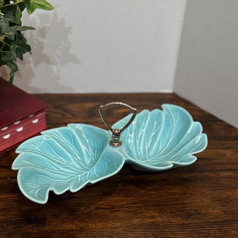 Mid Century Modern Teal Double Leaf Dish with Handle California Pottery USA 32